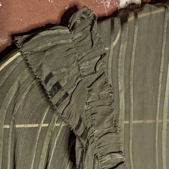 Reiss Size 6 Olive Green Sheer‎ Long Sleeve Ruffled Blouse w/ Belt - Picture 4 of 12